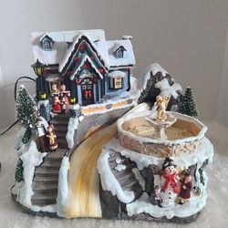 Christmas Village House Fiber Optic Musical Scene w Fountain Winter Wonderland
