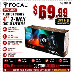 Focal Auditor Series RCX-100 4 Inch 2-Way Coaxial Speaker System 60 Watts 🚨 Payment Options Available 🚨 No Credit Needed 🚨