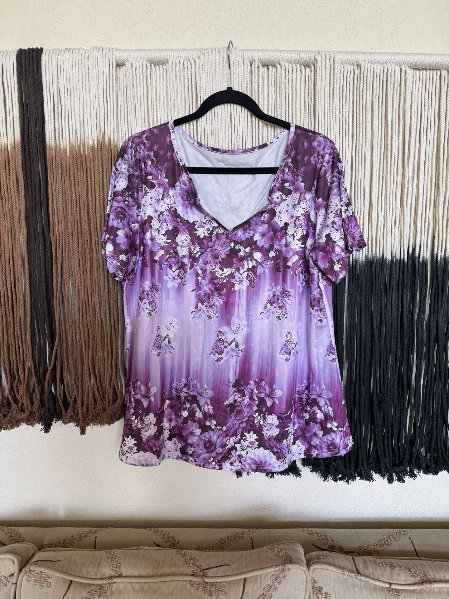 Purple floral graphic print short sleeve V-neck blouse; perfect condition, brand new without tags, never worn!