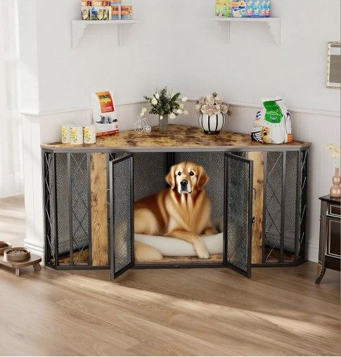 XL Corner Dog Crate Furniture, Decorative Dog Crates Dog Cage TV Stand with Diamond Metal Decoration, Wooden Dog Crate with Double Lock Design, Dog Cr