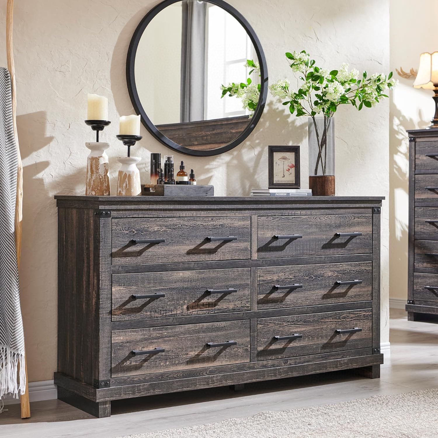 6 Drawers Dresser for Bedroom, Large Chest of Drawers with Thick Plank Styling, Wood Rustic Closet Dresser