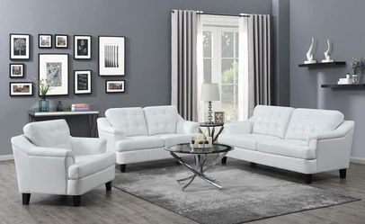 3PC LIVINGROOM SET: SOFA LOVE SEAT AND CHAIR-- WHITE LEATHERETTE