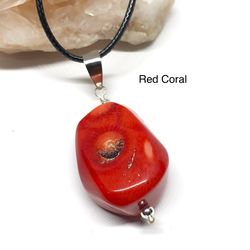 Red Genuine Coral Pendant Necklace With Black Leather Cord
