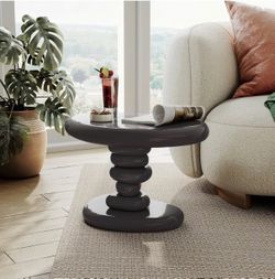 Kavren Modern 22-inch Oval Glossy Pedestal End Table, Stone Shape Living Room Furniture for Small Space, Dark Grey