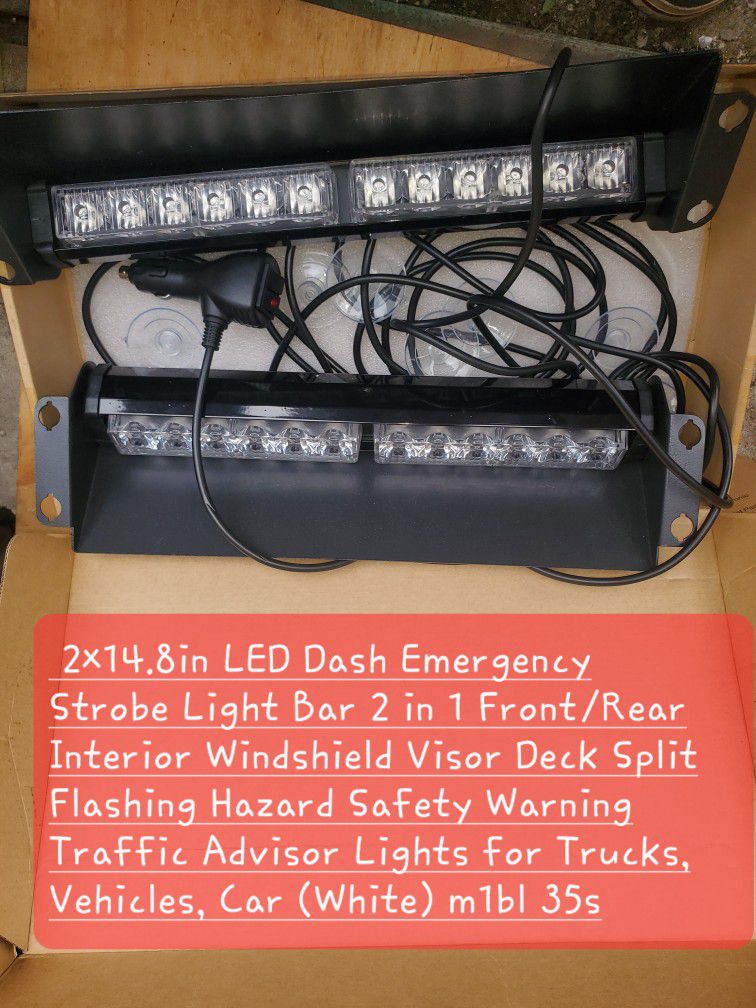  2×14.8in LED Dash Emergency Strobe Light Bar 2 in 1 Front/Rear Interior Windshield Visor Deck Split Flashing Hazard Safety Warning Traffic Advisor Li