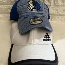 Blue New Era cap with logo and white Adidas cap. Each $10 Both $20