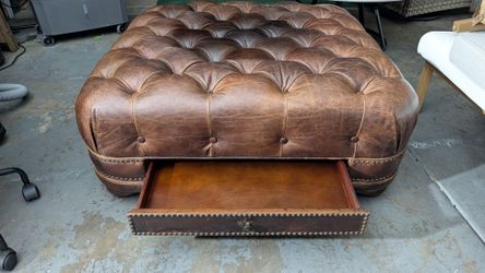 Vintage 🤎Chesterfield-Style Tufted Leather Double Drawer Cocktail Ottoman w/ Brass Nailhead Finish