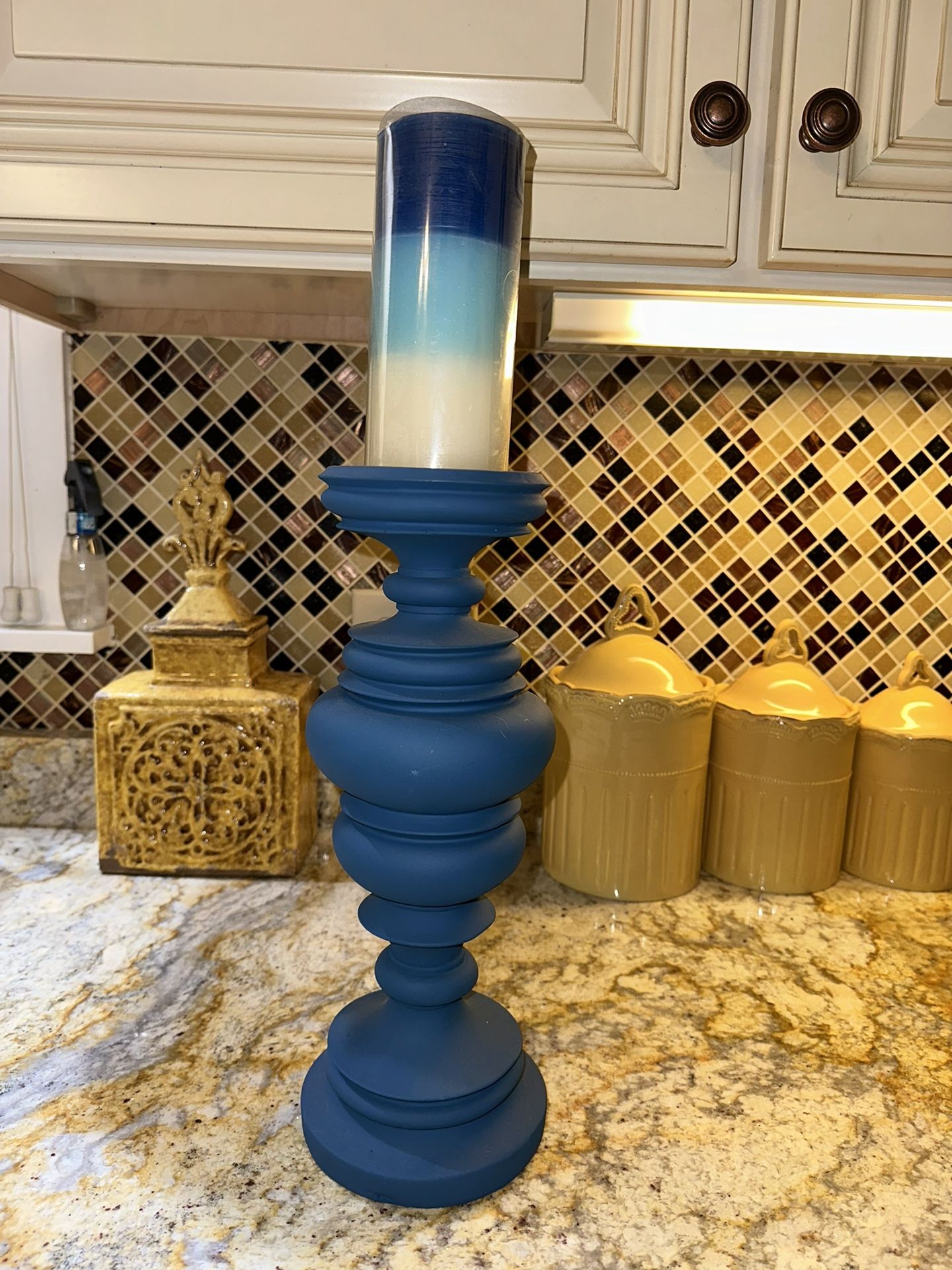 HOME DECOR - Blue Candleholder w Matching Candle (14”H)