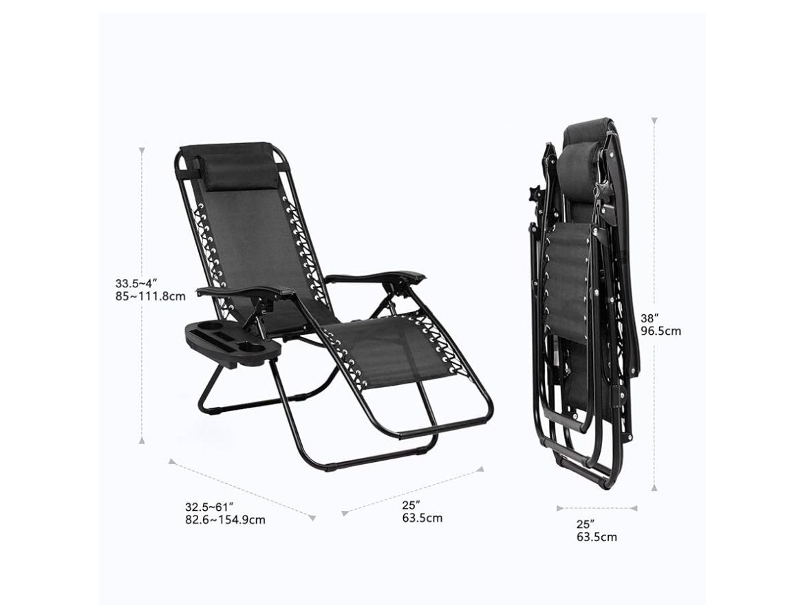 Set of 2 Relaxing Recliners Patio Chairs Adjustable Steel Mesh Zero Gravity Lounge Chair Beach Chairs with Pillow and Cup Holder Black