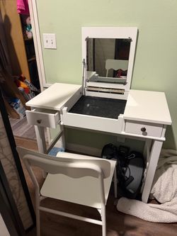 White Vanity Desk with Flip Mirror and Chair