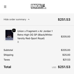 Jordan 1 Fragment x Union LA Varsity Red Sport Royal Size 8M