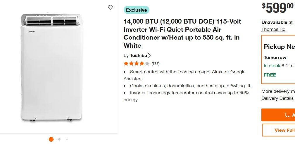 14,000 BTU (12,000 BTU DOE) 115-Volt Inverter Wi-Fi Quiet Portable Air Condition