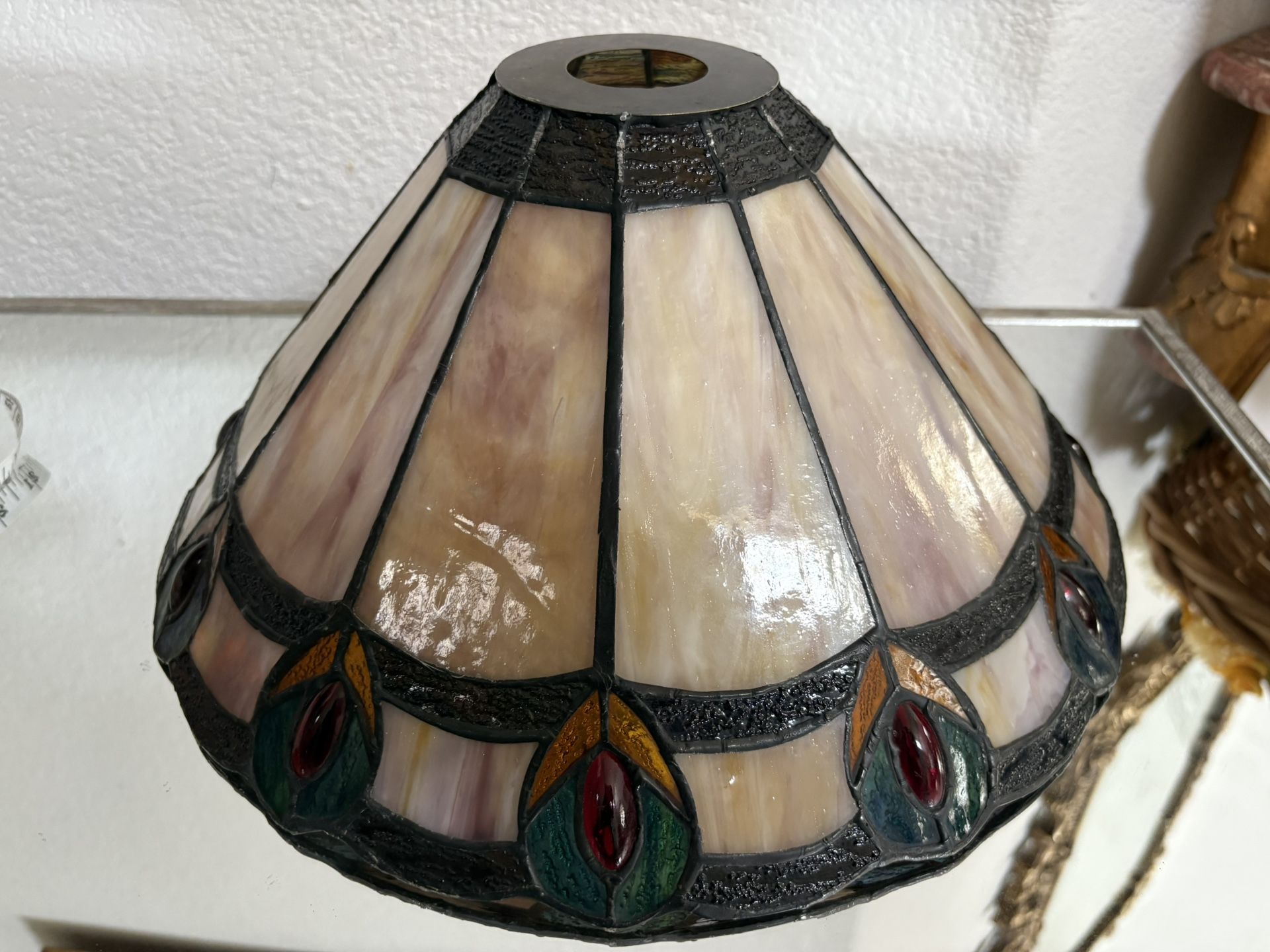 VINTAGE SIGNED DALE TIFFANY STAINED GLASS 14" TORCH LAMP SHADE PEACOCK ALDRIDGE