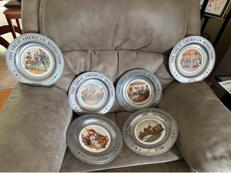 Complete 6-Piece Vintage Bicentennial Pewter & Porcelain Plate Set - Canton Pottery