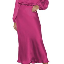 Pink Queen Women's Elegant Long Sleeve Satin Dress Mock Neck Elastic Waist Cocktail Party Wedding Guest Midi Dresses MEDIUM 