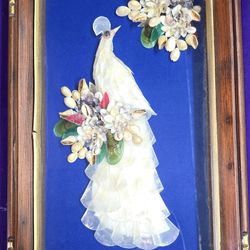 Vintage Hand Made White Peacock Shell Art Framed In Shadow Box 18 1/2x 11 1/2 Inches