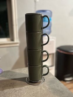 Green Stoneware Mugs/ Free holder cup shelf rack
