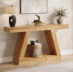 Farmhouse Console Table, 55-Inch Rustic Sofa Table with Storage, Industrial Wooden Entryway Table, Natural Brown