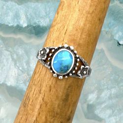 Vintage Style Turquoise & .925 Solid Sterling Silver Flower Ring - Sz 6