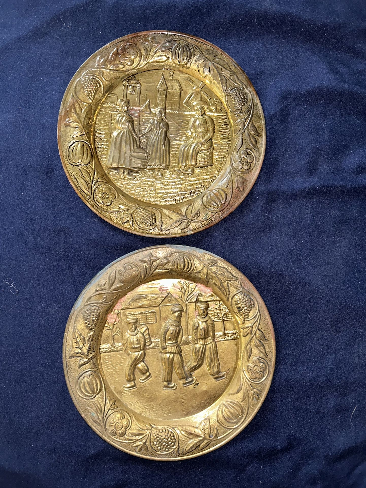 Vintage Brass Plate Wall Hanging Smaller Set Of 2
