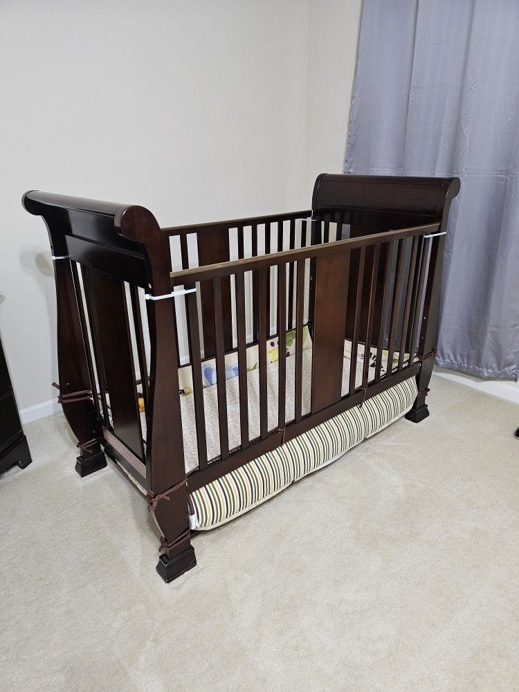 Brown Wood Baby Crib With Matress