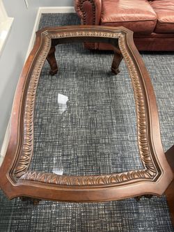 Ornate Carved Wood Oval Coffee Table w/ Glass Top with 2 glass top side tables