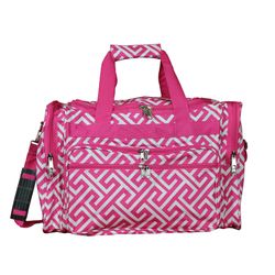 16” Carry On Duffle Bag w/ Shoulder Strap - Greek Key White Fuchsia