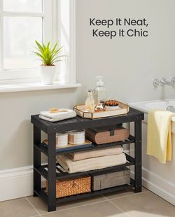 Shoe Rack Bench, 4 Tier Bamboo Shoe Storage Organizer, Entryway Bench, for Living Room, Bathroom, Bedroom, 11.3 x 27.6 x 20.5 Inches, Ink Black ULBS37