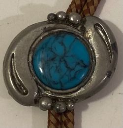 Vintage Metal Bolo Tie, Nice Blue Turquoise Stone Design, Brown Cord, Nice Design, 1 1/2" x 1", Nice Design, Quality, Heavy Duty, Made in USA, Country