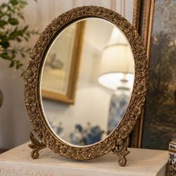 Vintage Brass Tone Floral Ornate Mirror On Brass Stand Collectible Retro French Style Mid Century Vanity Table Decor 