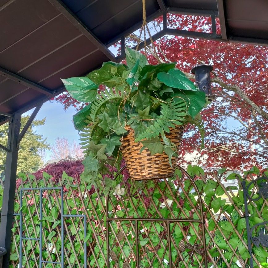 Hanging Faux Plant In Basket With Solar Lights