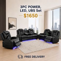 💥FREE DELIVERY💥Brand New POWER, LED, USB  3PC Reclining Sofa Loveseat Chair Set