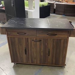 New Assembled Rolling Kitchen Island with Trash Bin, Foldable Drop Leaf, Adjustable Shelf, Spice Rack
