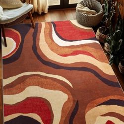 YIHOUSE Burnt Orange Rug 5x7 Washable,Farmhouse Brown Retro Carpets,Geometric Abstract Wavy Rug for Bedroom,Unique Colorful Rugs for Living Room,Dinin