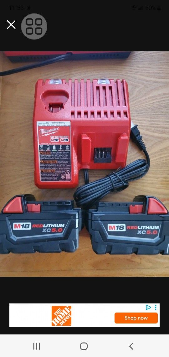BRAND NEW STARTER KIT SET 2 Two Dos Milwaukee Batteries 18 Volt 18v M18 M18 Extended Capacity XC5.0 XC 5ah 5 Ah Amp 5.0 Dual Charger M12 12 Volt 12v