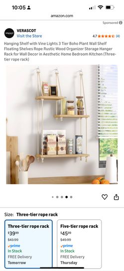 4 LEFT!!! GOING FAST!! Hanging Shelf with Vine Lights 3 Tier Boho Plant Wall Shelf Floating Shelves Rope Rustic Wood