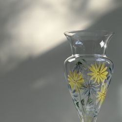 Hand Painted & Signed, Flowers Glass Vase 