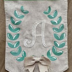 Garden Flag Monogrammed with Letter “A” Initial: Green, White & Burlap colors; Leaf design with Bow