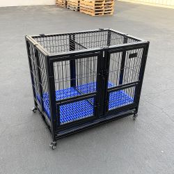New in box $160 Heavy-Duty Dog Cage Crate 37x25x33” Double-Door Folding Kennel w/ Divider, Tray, Wheels
