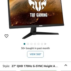 ASUS TUF Gaming 27" 2K HDR Monitor (VG27AQ1A) - QHD (2560 x 1440), IPS, 170Hz (Supports 144Hz), 1ms, Extreme Low Motion Blur, Speaker, G-SYNC Compatib