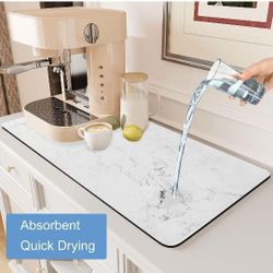 Coffee Mat, 24" x 16" Diatomite Absorbent Dish Drying Mats, Quick Dry Large Drying Mats for Kitchen Counter Coffee Bar, Gifts for Father- Marble White