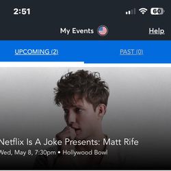 Matt Riffe  Comedy Show 2 Tickets For Sale For May 8th At 7:30pm At Hollywood Bowl 