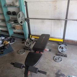 Weights, Rack, Barbell And Bench with Clips And 2 X 20lb Dumbbell 