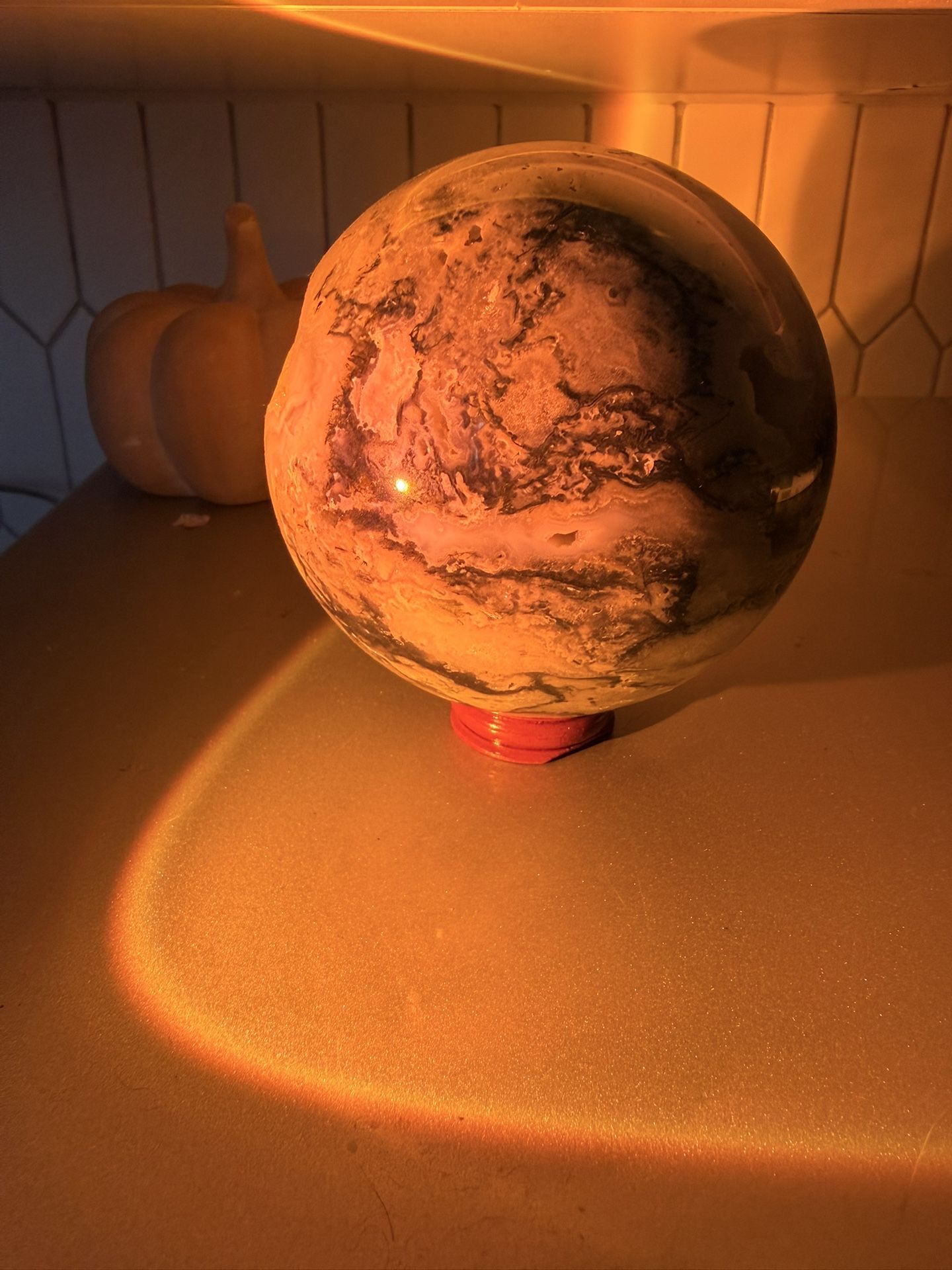 Large Moss Agate Crystal Sphere w/ druzy pockets