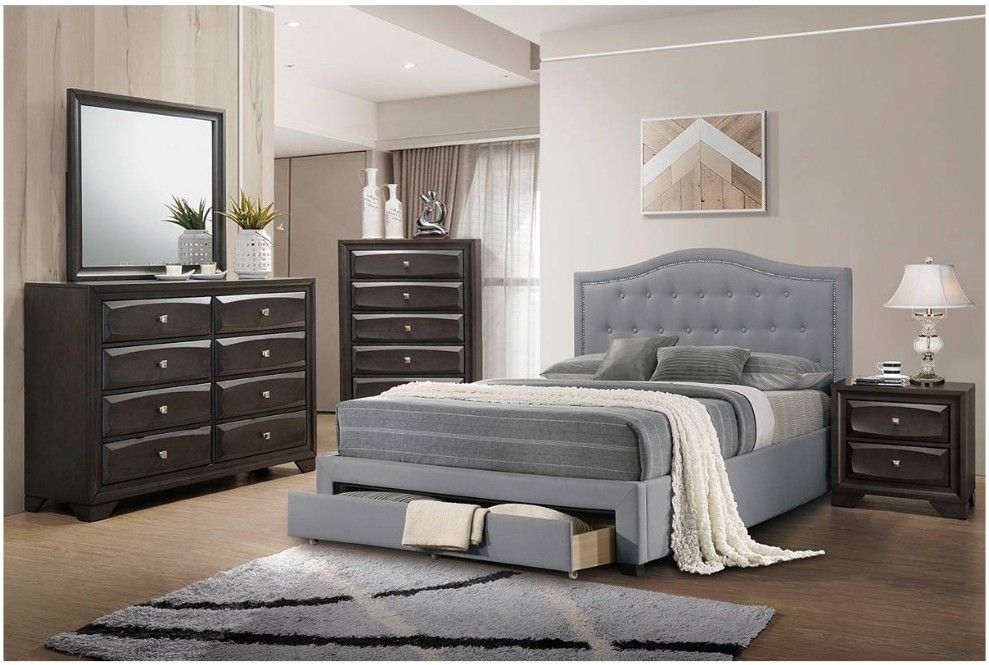 QUEEN BED FRAME + REGULAR MATTRESS LIGHT GREY BURLAP NEW IN BOX ☎️ 17145862564 PICK UP PRICE