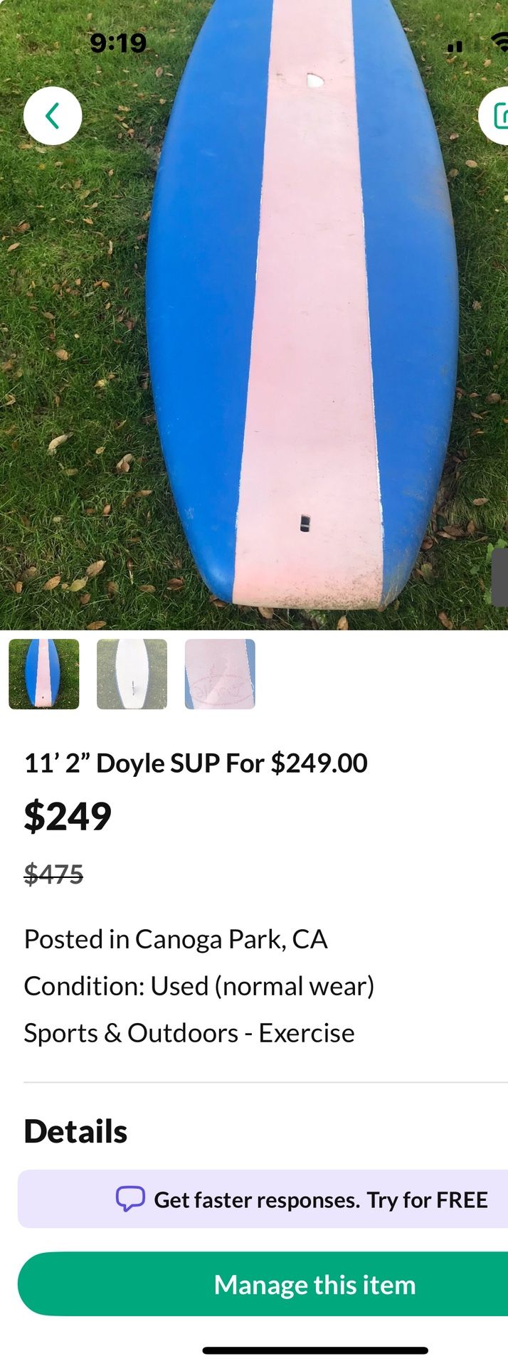 Doyle 11’ 2” Paddle Board With Paddle