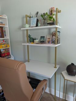 Theo 73inch Nathan James white wood gold brass metal 2 shelf wall-mount writing desk table, small computer desk, bookcase.