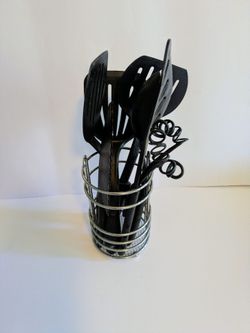 Kitchen Utensils Set with Silver Stainless Steel Holder 7 Black Utensils