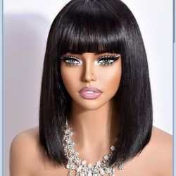 🔥Brand new 🔥 Bob Wig Human Hair with Bangs 210% Density Black Bob Wig for Black Women 100% Human Hair Pre-Bleached Glueless Straight Wigs 12inch（Bla