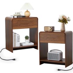Fluted Nightstand Set of 2 with Charging Station, Modern Bed Side Table End Table with Drawer Storage, Large Wooden Night Stands Bedside for Bedroom L